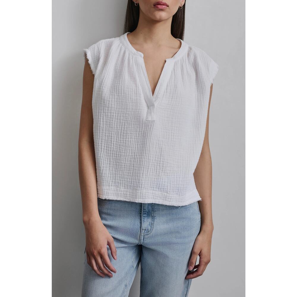 Faherty Lucia White Gauze Split-Neck Cap-Sleeve Blouse